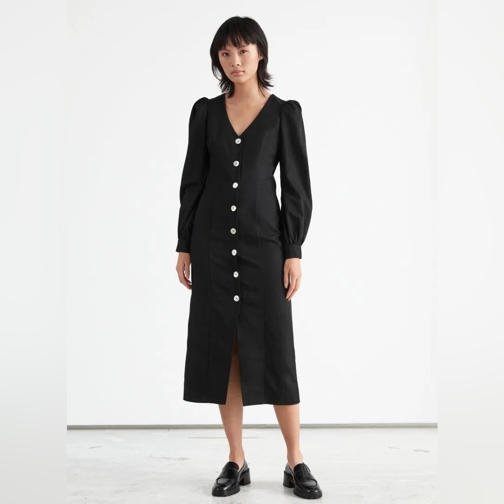 & other stories buttoned puff long sleeve linen blend midi dress